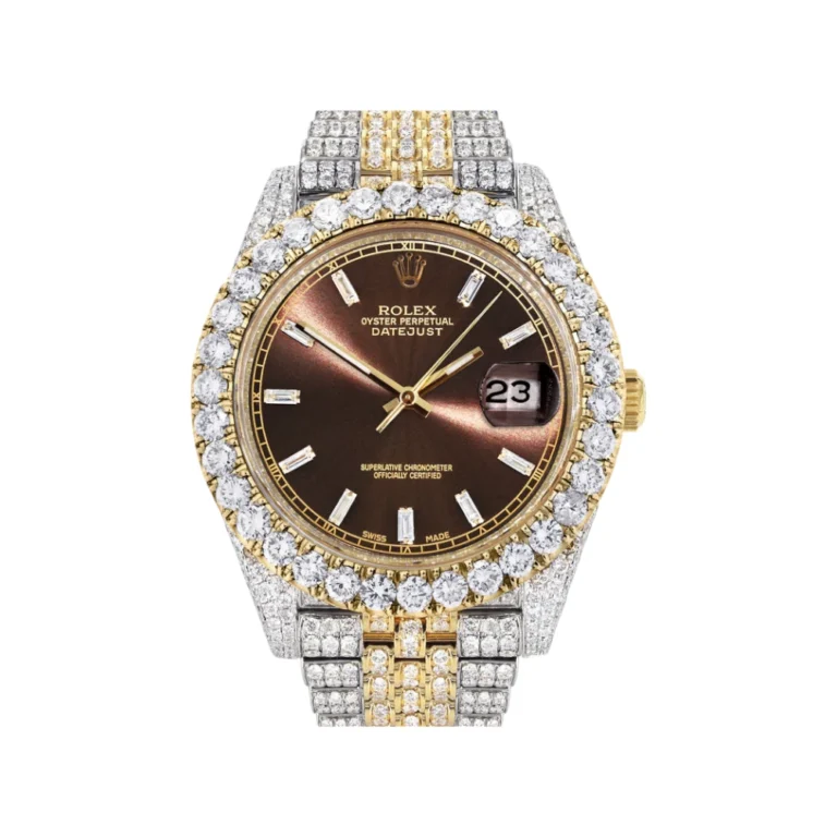 Diamond Iced Out Rolex Datejust 25 Carats Of Diamonds Custom Morocco Brown Dial Two Tone Replica
