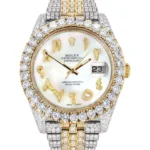 Diamond Iced Out Rolex Datejust 25 Carats Of Diamonds Custom Mother of Pearl Arabic Numeral Dial Replica