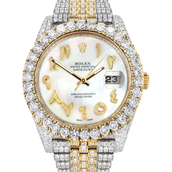 Diamond Iced Out Rolex Datejust 25 Carats Of Diamonds Custom Mother of Pearl Arabic Numeral Dial Replica