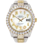 Diamond Iced Out Rolex Datejust 25 Carats Of Diamonds Custom Mother of Pearl Arabic Numeral Diamond Dial Replica