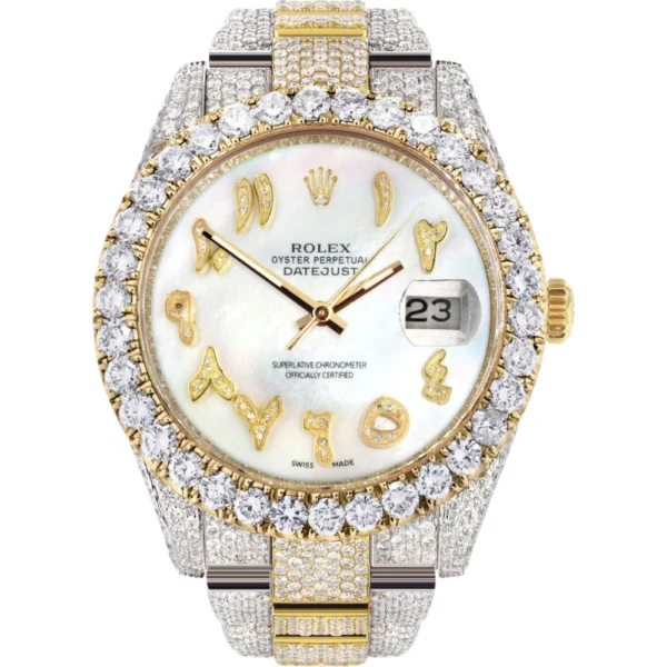 Diamond Iced Out Rolex Datejust 25 Carats Of Diamonds Custom Mother of Pearl Arabic Numeral Diamond Dial Replica