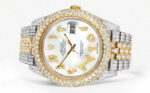 Diamond Iced Out Rolex Datejust 25 Carats Of Diamonds Custom Mother of Pearl Arabic Numeral Diamond Dial Two Tone Two Row Jubilee Band Replica