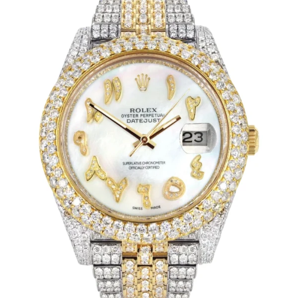 Diamond Iced Out Rolex Datejust 25 Carats Of Diamonds Custom Mother of Pearl Arabic Numeral Diamond Dial Two Tone Two Row Jubilee Band Replica