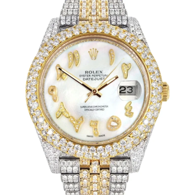 Diamond Iced Out Rolex Datejust 25 Carats Of Diamonds Custom Mother of Pearl Arabic Numeral Diamond Dial Two Tone Two Row Jubilee Band Replica