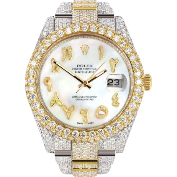 Diamond Iced Out Rolex Datejust 25 Carats Of Diamonds Custom Mother of Pearl Arabic Numeral Diamond Dial Replica