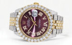 Diamond Iced Out Rolex Datejust 25 Carats Of Diamonds Custom Purple Dial Two Tone Jubilee Band Replica