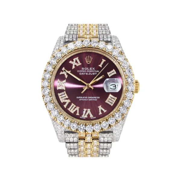 Diamond Iced Out Rolex Datejust 25 Carats Of Diamonds Custom Purple Dial Two Tone Jubilee Band Replica