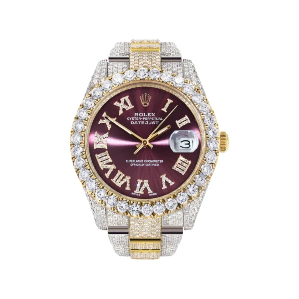 Diamond Iced Out Rolex Datejust 25 Carats Of Diamonds Custom Purple Dial Two Tone Replica