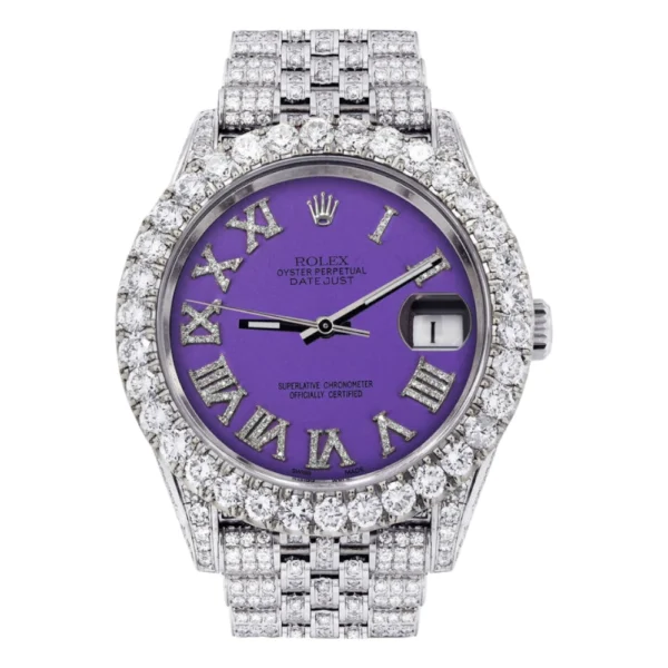 Diamond Iced Out Rolex Datejust 25 Carats Of Diamonds Custom Purple Roman Diamond Dial Jubilee Band Replica