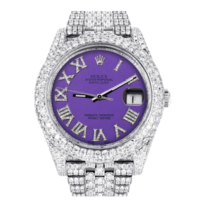 Diamond Iced Out Rolex Datejust 25 Carats Of Diamonds Custom Purple Roman Numeral Diamond Dial Two Row Jubilee Band Replica