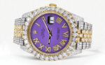 Diamond Iced Out Rolex Datejust 25 Carats Of Diamonds Custom Purple Roman Numeral Diamond Dial Replica