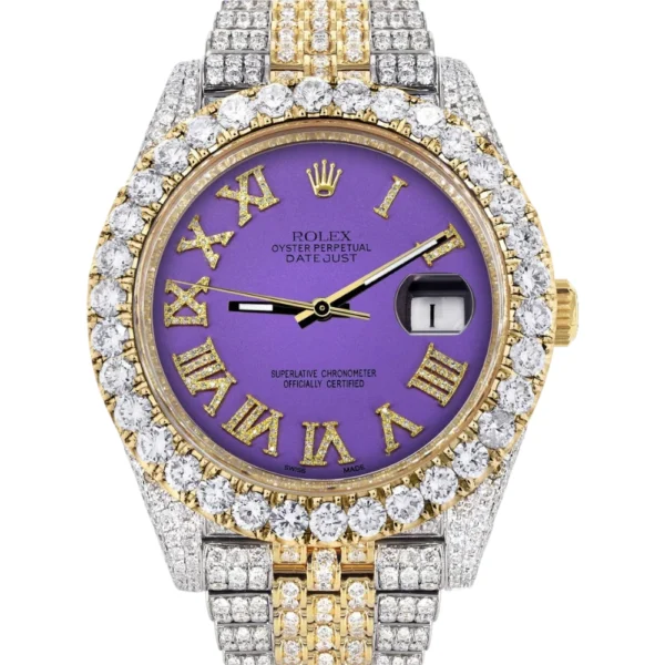 Diamond Iced Out Rolex Datejust 25 Carats Of Diamonds Custom Purple Roman Numeral Diamond Dial Replica