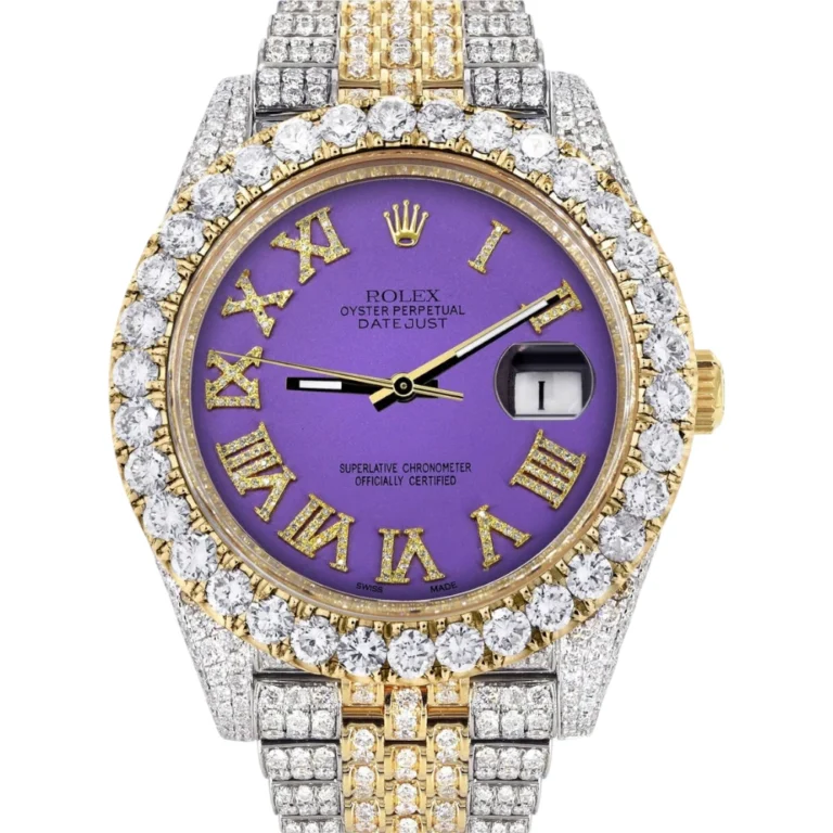 Diamond Iced Out Rolex Datejust 25 Carats Of Diamonds Custom Purple Roman Numeral Diamond Dial Replica