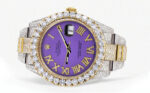 Diamond Iced Out Rolex Datejust 25 Carats Of Diamonds Custom Purple Roman Numeral Diamond Dial Two Tone Replica