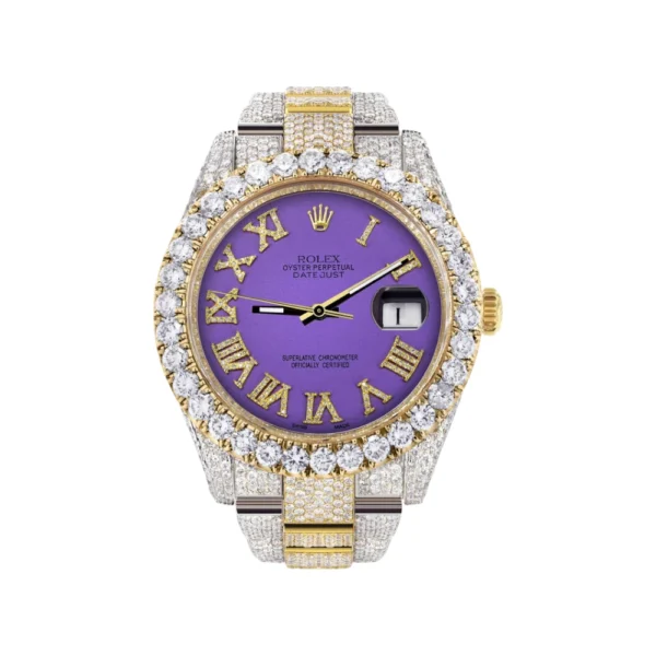 Diamond Iced Out Rolex Datejust 25 Carats Of Diamonds Custom Purple Roman Numeral Diamond Dial Two Tone Replica