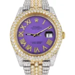 Diamond Iced Out Rolex Datejust 25 Carats Of Diamonds Custom Purple Roman Numeral Diamond Dial Two Tone Two Row Jubilee Band Replica