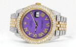 Diamond Iced Out Rolex Datejust 25 Carats Of Diamonds Custom Purple Roman Numeral Diamond Dial Two Tone Two Row Jubilee Band Replica