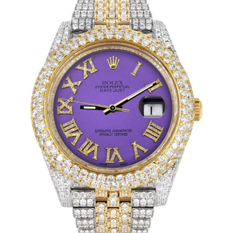Diamond Iced Out Rolex Datejust 25 Carats Of Diamonds Custom Purple Roman Numeral Diamond Dial Two Tone Two Row Jubilee Band Replica