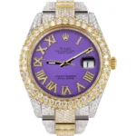 Diamond Iced Out Rolex Datejust 25 Carats Of Diamonds Custom Purple Roman Numeral Diamond Dial Replica