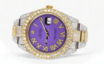Diamond Iced Out Rolex Datejust 25 Carats Of Diamonds Custom Purple Roman Numeral Diamond Dial Replica