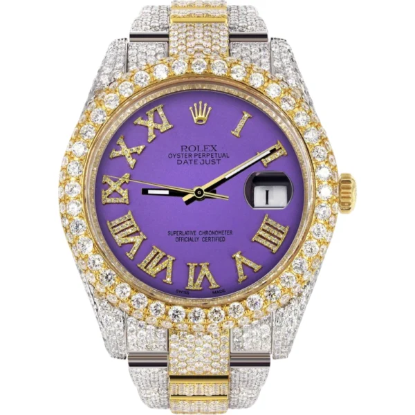 Diamond Iced Out Rolex Datejust 25 Carats Of Diamonds Custom Purple Roman Numeral Diamond Dial Replica
