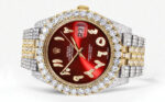 Diamond Iced Out Rolex Datejust 25 Carats Of Diamonds Custom Red Arabic Numeral Diamond Dial Replica