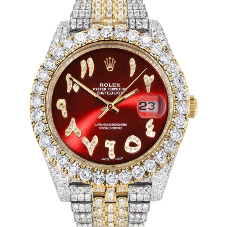 Diamond Iced Out Rolex Datejust 25 Carats Of Diamonds Custom Red Arabic Numeral Diamond Dial Replica
