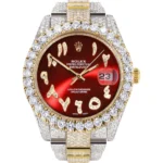 Diamond Iced Out Rolex Datejust 25 Carats Of Diamonds Custom Red Arabic Numeral Diamond Dial Replica