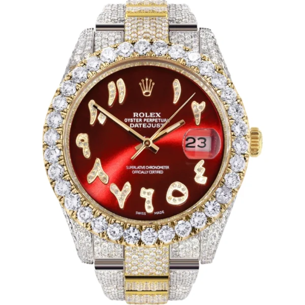Diamond Iced Out Rolex Datejust 25 Carats Of Diamonds Custom Red Arabic Numeral Diamond Dial Replica