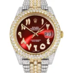 Diamond Iced Out Rolex Datejust 25 Carats Of Diamonds Custom Red Arabic Numeral Diamond Dial Two Tone Two Row Jubilee Band Replica