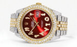 Diamond Iced Out Rolex Datejust 25 Carats Of Diamonds Custom Red Arabic Numeral Diamond Dial Two Tone Two Row Jubilee Band Replica