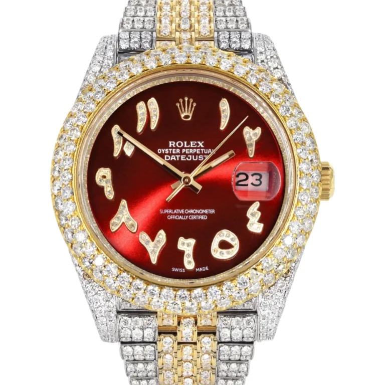 Diamond Iced Out Rolex Datejust 25 Carats Of Diamonds Custom Red Arabic Numeral Diamond Dial Two Tone Two Row Jubilee Band Replica