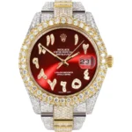 Diamond Iced Out Rolex Datejust 25 Carats Of Diamonds Custom Red Arabic Numeral Diamond Dial Replica