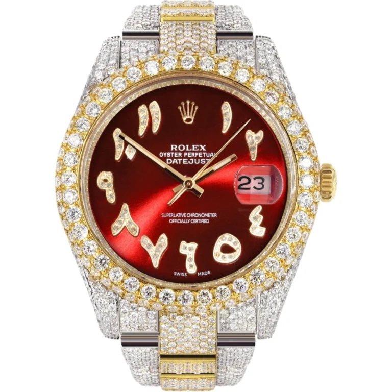 Diamond Iced Out Rolex Datejust 25 Carats Of Diamonds Custom Red Arabic Numeral Diamond Dial Replica