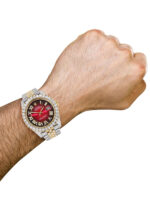 Diamond Iced Out Rolex Datejust 25 Carats Of Diamonds Custom Red Black Dial Two Tone Jubilee Band Replica