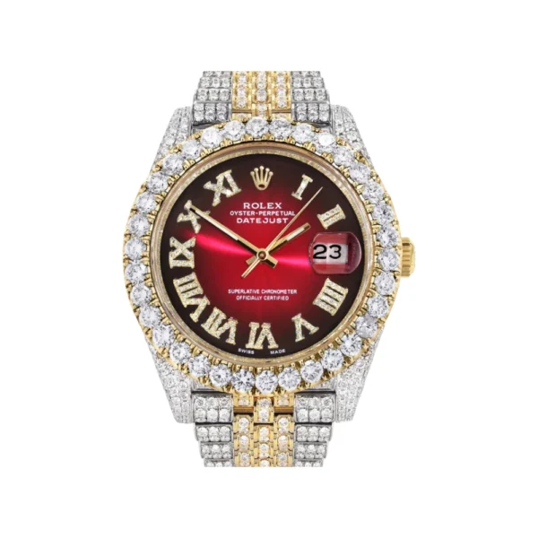 Diamond Iced Out Rolex Datejust 25 Carats Of Diamonds Custom Red Black Dial Two Tone Jubilee Band Replica