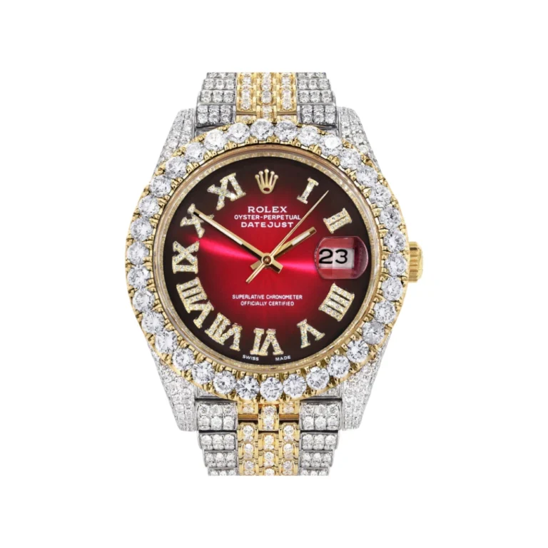 Diamond Iced Out Rolex Datejust 25 Carats Of Diamonds Custom Red Black Dial Two Tone Jubilee Band Replica