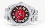 Diamond Iced Out Rolex Datejust 25 Carats Of Diamonds Custom Red Black Roman Numeral Dial Two Row Jubilee Band Replica