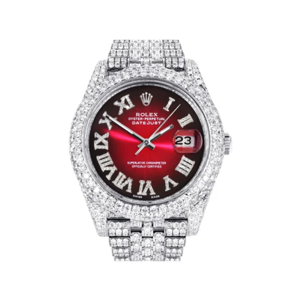 Diamond Iced Out Rolex Datejust 25 Carats Of Diamonds Custom Red Black Roman Numeral Dial Two Row Jubilee Band Replica