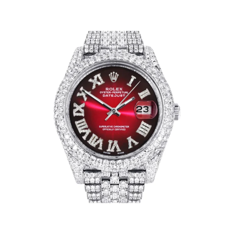 Diamond Iced Out Rolex Datejust 25 Carats Of Diamonds Custom Red Black Roman Numeral Dial Two Row Jubilee Band Replica