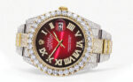 Diamond Iced Out Rolex Datejust 25 Carats Of Diamonds Custom Red Black Roman Numeral Dial Two Tone Replica