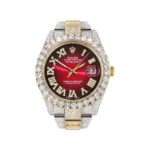 Diamond Iced Out Rolex Datejust 25 Carats Of Diamonds Custom Red Black Roman Numeral Dial Two Tone Replica