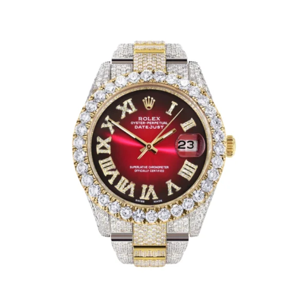 Diamond Iced Out Rolex Datejust 25 Carats Of Diamonds Custom Red Black Roman Numeral Dial Two Tone Replica