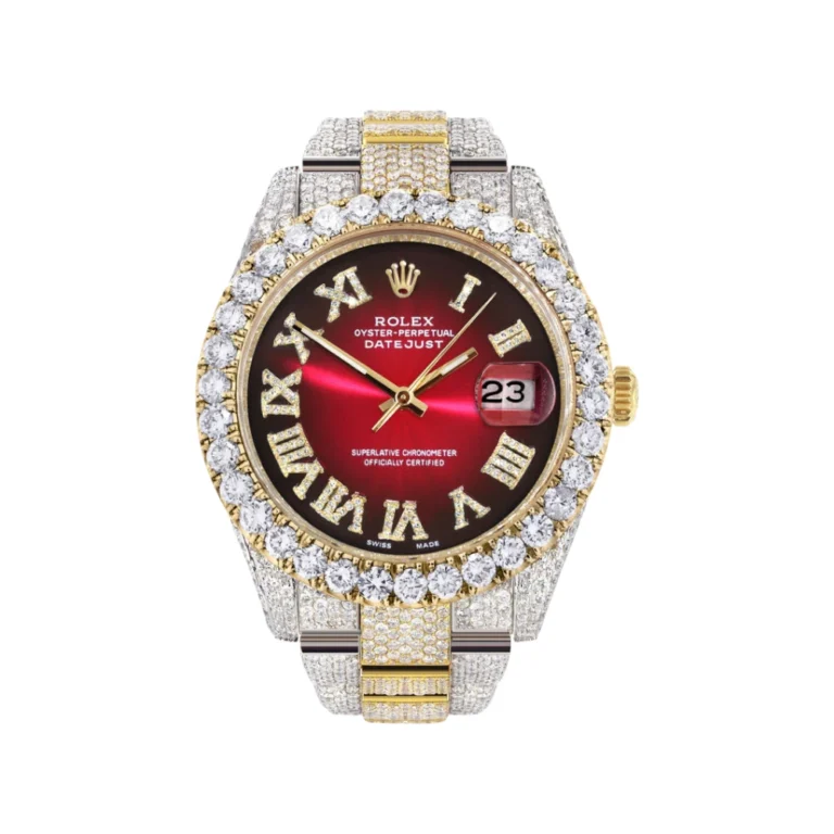 Diamond Iced Out Rolex Datejust 25 Carats Of Diamonds Custom Red Black Roman Numeral Dial Two Tone Replica