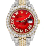 Diamond Iced Out Rolex Datejust 25 Carats Of Diamonds Custom Red Mother of Pearl Roman Numeral Diamond Dial Replica