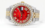 Diamond Iced Out Rolex Datejust 25 Carats Of Diamonds Custom Red Mother of Pearl Roman Numeral Diamond Dial Replica