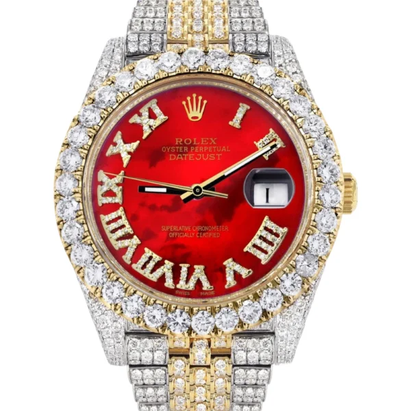 Diamond Iced Out Rolex Datejust 25 Carats Of Diamonds Custom Red Mother of Pearl Roman Numeral Diamond Dial Replica