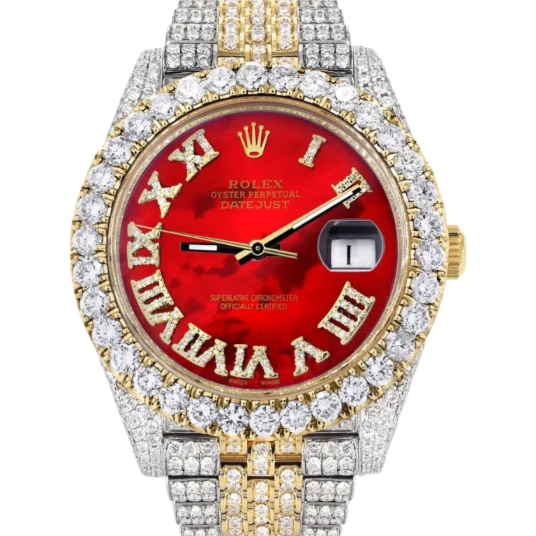 Diamond Iced Out Rolex Datejust 25 Carats Of Diamonds Custom Red Mother of Pearl Roman Numeral Diamond Dial Replica
