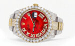 Diamond Iced Out Rolex Datejust 25 Carats Of Diamonds Custom Red Mother of Pearl Roman Numeral Diamond Dial Two Tone Replica