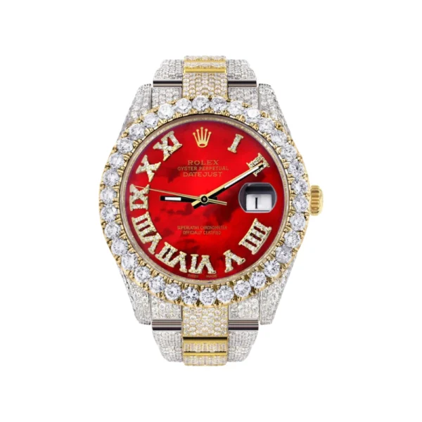 Diamond Iced Out Rolex Datejust 25 Carats Of Diamonds Custom Red Mother of Pearl Roman Numeral Diamond Dial Two Tone Replica